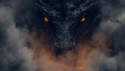 Dragon face with glowing eyes emerging from smoke and fire.