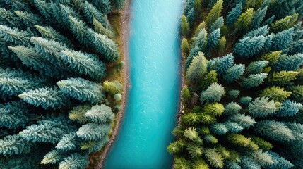A drone photo of an aerial view of the blue river running through a dense forest.