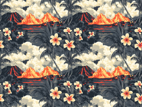 Vintage seamless tropical pattern with erupting volcanoes orange lava flows palm trees and exotic plumeria flowers on scenic island background
