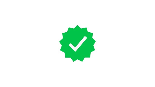 Seamless animation motion of a starburst-shaped green badge with a checkmark, representing a verified social media account and official status, wa, whatsapp.