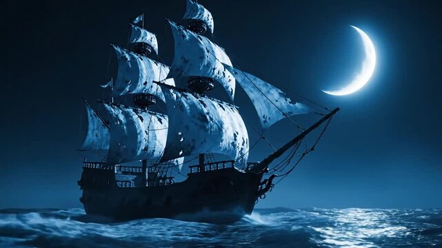 Majestic Ghost Ship with Tattered Sails Navigates a Turbulent Sea Under a Crescent Moon