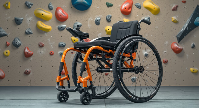 Wheelchair positioned at the base of an indoor climbing wall for disabled people  