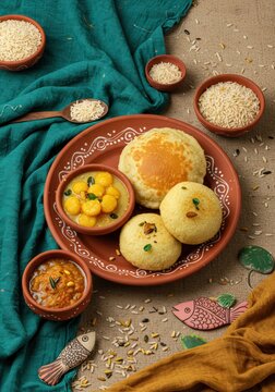 A still life composition featuring traditional indian sweets and rice in terracotta bowls on a textured surface