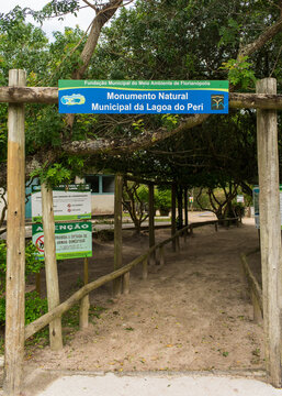 Florianopolis, Brazil - September 6th 2025: Hiking path entrance sign at the Lagoa do Peri Natural Monument in Florian&oacute;polis, Brazil