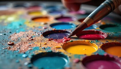 Fototapeta premium Vibrant Artists Palette with Oil Paints and Brushes Ready for Painting