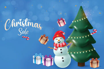 Realistic Christmas Tree With Hanging Lights, Snowman And Giftboxes On Blue Color Background. Xmas Festive Sale Banner For Offer Promotion, Greetings Card, Website, Advertisement, E-commerce.