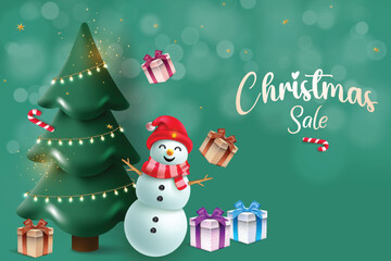 Realistic Christmas Tree With Hanging Lights, Snowman And Giftboxes On Green Color Background. Xmas Festive Sale Banner For Offer Promotion, Greetings Card, Website, Advertisement, E-commerce.
