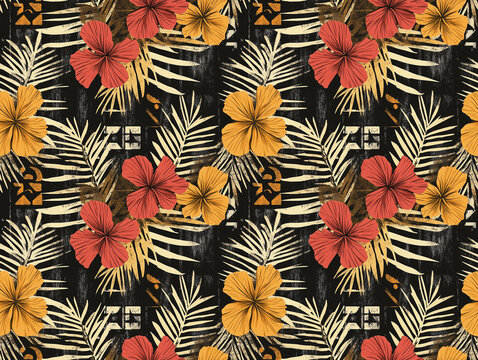 Vintage tropical hibiscus flowers and palm leaves seamless pattern on black grunge background for aloha summer fashion and exotic tribal apparel design