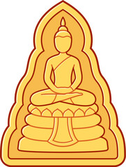 Thai golden Buddha statue or amulet icon, Southeast Asian style Theravada Buddhism. Simple vector illustration.