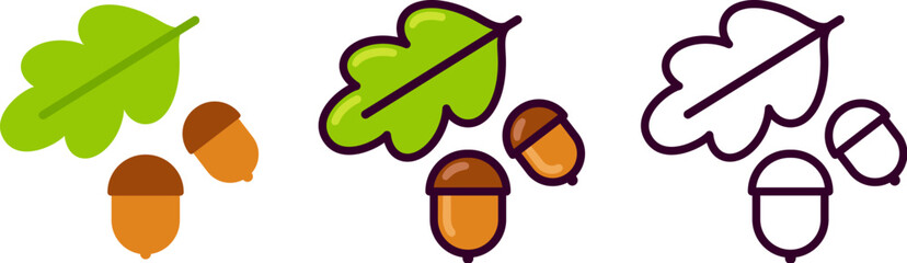 Naklejka na ściany i meble Oak tree symbol, oak leaf and acorn. Black and white line icon, color and flat cartoon drawing. Simple vector clip art illustration. Naklejka na ściany i meble Oak tree symbol, oak leaf and acorn. Black and white line icon, color and flat cartoon drawing. Simple vector clip art illustration.