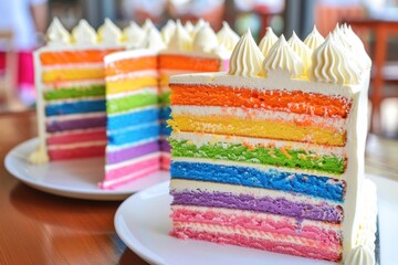 Colorful layered cake with vibrant rainbow design served on white plates at a dessert cafe