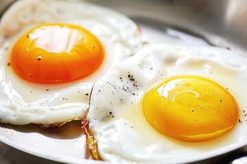 Perfectly cooked sunny side up eggs served on a white plate with a sprinkle of black pepper and natural shine