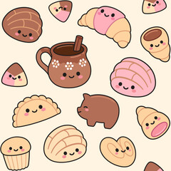 Traditional Mexican coffee and kawaii sweet pastries seamless pattern. Conchas, cuernitos, puerquitos, polvorones. Cute cartoon vector illustration.