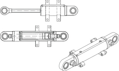 hydraulic cylinder blueprint vector, detailed engineering drawing, mechanical illustration for construction and industrial design, black and white technical plan