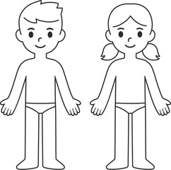 Cartoon child body chart, boy and girl in underwear. Blank boy body outline template. Isolated vector illustration.