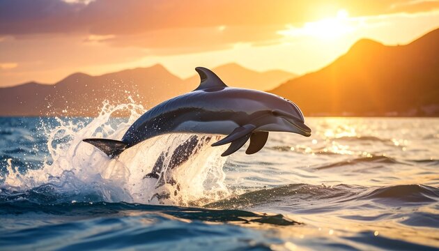 A graceful dolphin leaps from ocean waves, silhouetted against a vibrant sunset. Mountains and golden light frame the scene