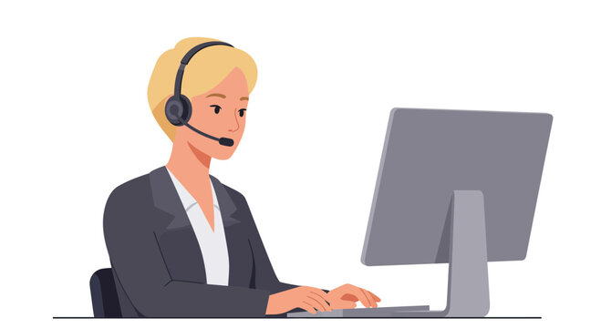 Friendly blonde customer service representative assisting clients online, offering solutions, and providing excellent support, originally created as vector art