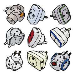collection of colorful electric plug adapter illustration set
