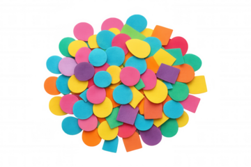 Colorful confetti shapes creating festive celebration background, vibrant party decoration elements, transparent background