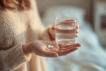 Close up of woman's hand holding white pills and glass with water, blurred background in bedroom.