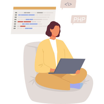 Woman Programmer Coding PHP Language On Laptop Sitting In Comfortable Chair With Transparent Background And Code Window Overhead