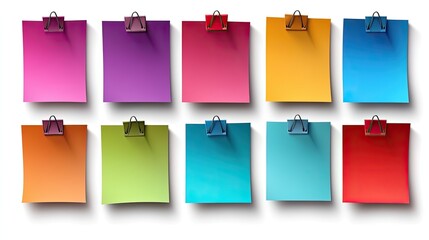 Ten colorful blank sticky notes with binder clips on white background.