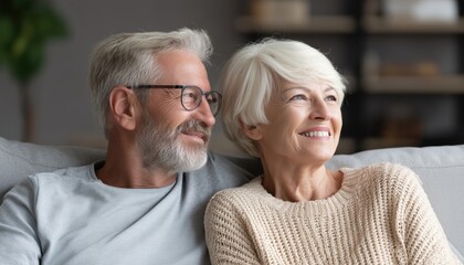 Senior Retired Couple Delightfully Reflecting On Shared Memories And Future Plans While Sitting On Sofa At Home. Joyful Bonding Moment.