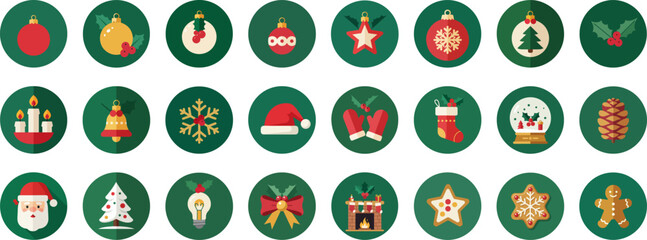 24 Flat Christmas-Themed Icons in Circular Frames on Dark Green Background