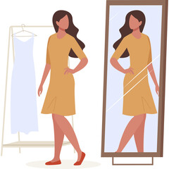 Woman Wearing Orange Dress Standing In Front Of Mirror And Clothes Rack With White Dress In A Room