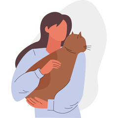 Woman holding a brown cat with a collar and whiskers against a soft gray and white background with a light blue collared shirt and dark brown hair