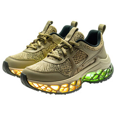 Futuristic athletic shoes with vibrant glowing soles, designed for performance and style
