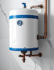 Modern electric water heater with copper pipes mounted on a marble wall.