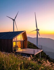 Modern Eco Cabin Nestled on a Hillside with Wind Turbines at Sunset.