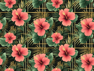 Fototapeta premium Luxury Tropical Seamless Pattern With Pink Hibiscus Flowers And Golden Geometric Grid On Dark Background