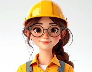 Friendly Cartoon Female Engineer Wearing Yellow Hard Hat and Glasses.