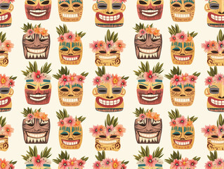 Seamless Watercolor Tropical Tiki Mask Pattern with Exotic Flowers and Foliage on Light Background