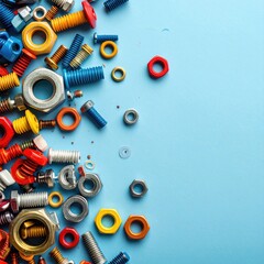 Assorted colorful hardware nuts bolts and springs scattered on a blue background.