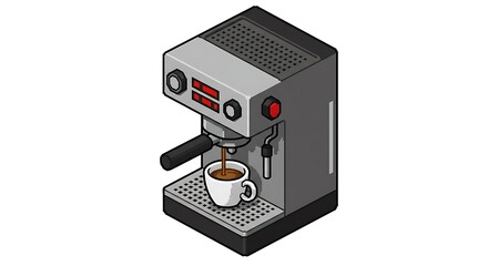 An isometric pixel art illustration of a coffee machine with details, pouring coffee into a white cup. The machine has a red detail and is in the 8-bit or 16-bit game style, against a white background