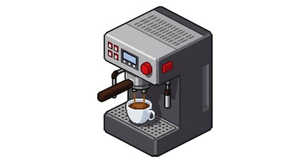An isometric pixel art illustration of a coffee machine with details, pouring coffee into a white cup. The machine has a red detail and is in the 8-bit or 16-bit game style, against a white background