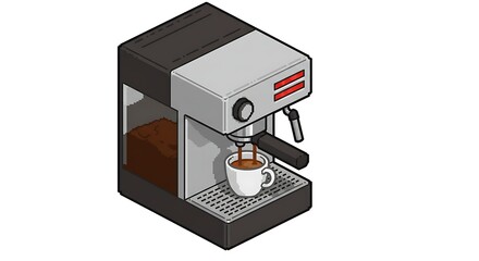 An isometric pixel art illustration of a coffee machine with details, pouring coffee into a white cup. The machine has a red detail and is in the 8-bit or 16-bit game style, against a white background
