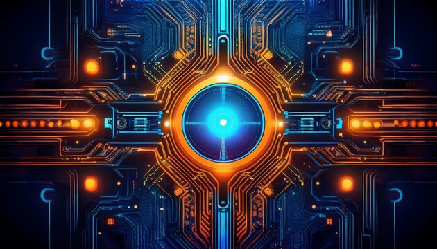 digital circuit face with neon blue and orange accent