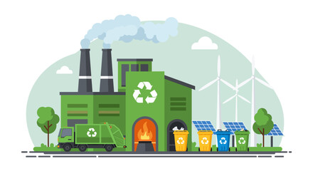 Recycling plant with truck, bins, solar panels, and wind turbines.