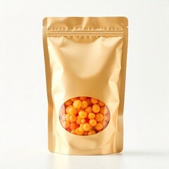 Golden stand-up pouch mockup with orange candies flexible packaging with oval window isolated on white background