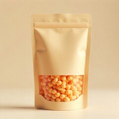 Stand-up pouch filled with orange candies clear window display ideal for food packaging mockups and product presentations