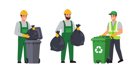 Three sanitation workers collecting garbage and recycling in a vector illustration.