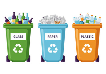 Illustration of three recycling bins for glass, paper, and plastic waste.