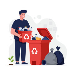 Man recycling plastic bottles into a red recycling bin with recycle symbol.