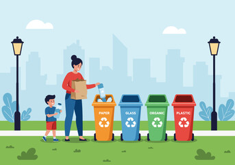Woman and child recycling in a park with labeled bins.