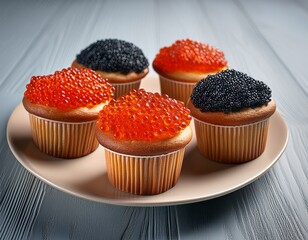 cuute muffins with black and red caviar for celebrating national caviar day