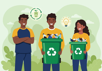 Illustration of three people recycling with recycling bins and symbols.